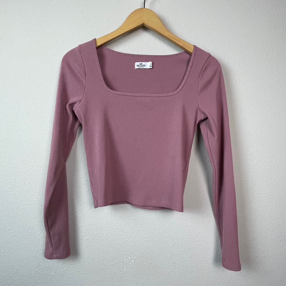 Hollister Ribbed Square Neck Baby Top Women Large Mauve Pink Long Sleeve Cropped